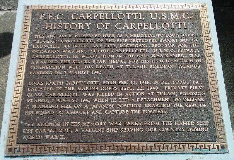P.F.C. Carpellotti, U.S.M.C. Memorial Marker. Click for full size. P.F.C. Carpellotti, U.S.M.C. Memorial Marker image. Click for full size.