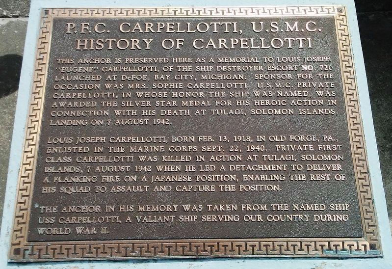 P.F.C. Carpellotti, U.S.M.C. Memorial Marker image. Click for full size.