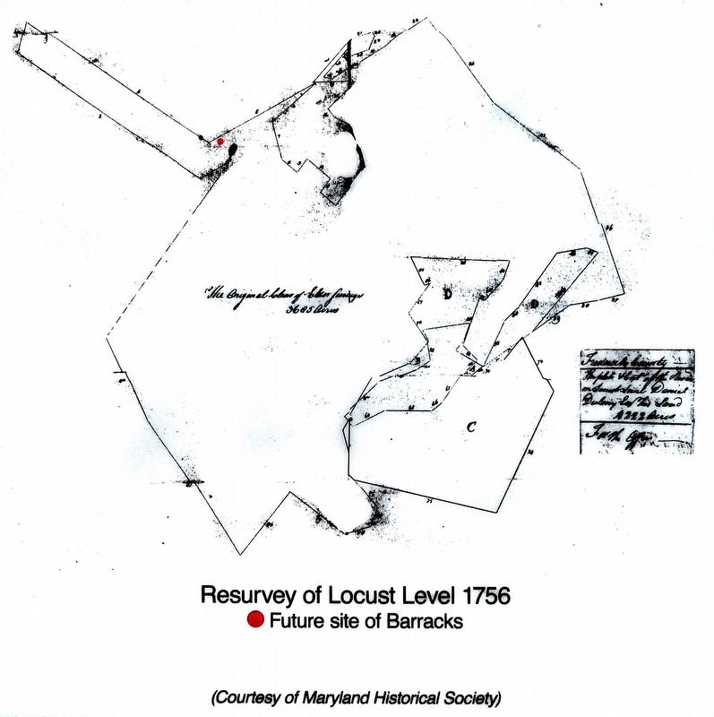 Resurvey of Locust Level 1756<br>Red Dot marks future site of the Barracks. Click for full size. Resurvey of Locust Level 1756<br>Red Dot marks future site of the Barracks image. Click for full size.