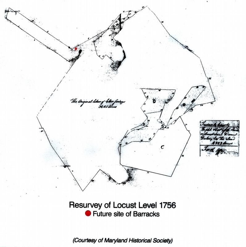 Resurvey of Locust Level 1756<br>Red Dot marks future site of the Barracks image. Click for full size.