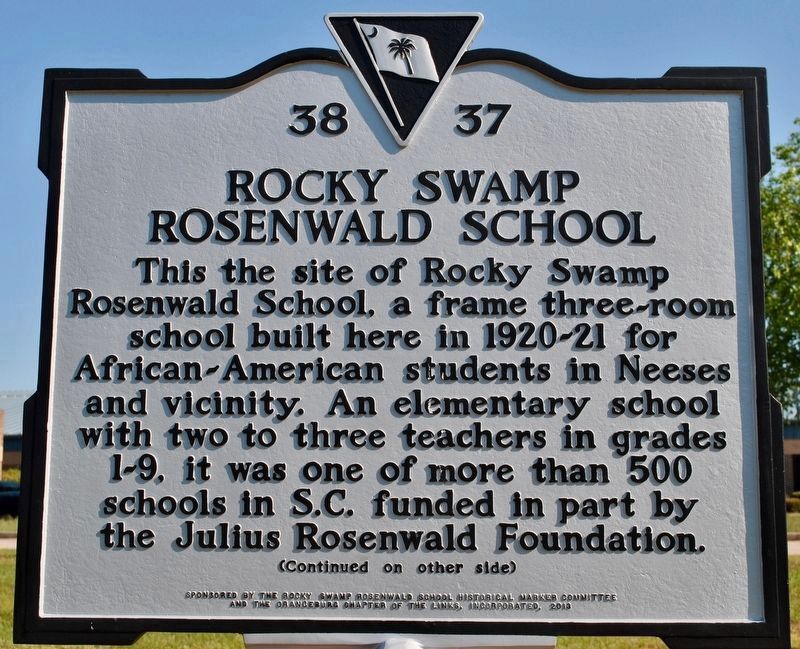 Rocky Swamp Rosenwald School Marker (front). Click for full size. Rocky Swamp Rosenwald School Marker (front) image. Click for full size.