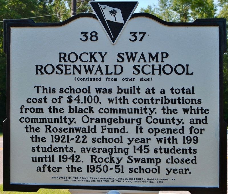 Rocky Swamp Rosenwald School Marker (rear). Click for full size. Rocky Swamp Rosenwald School Marker (rear) image. Click for full size.