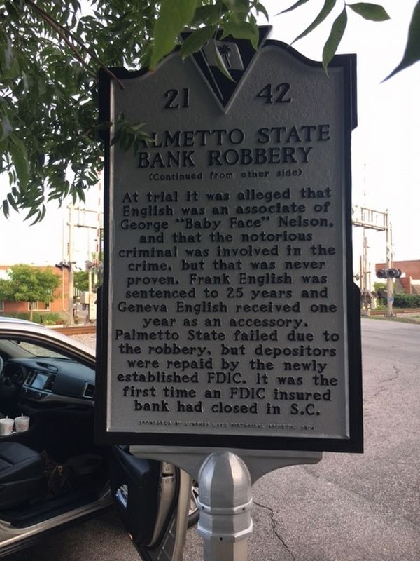Palmetto State Bank Robbery Marker image. Click for full size.