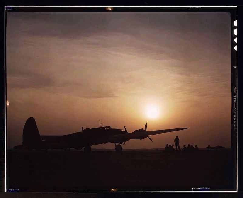 Sunset silhouette of flying fortress, Langley Field, Va.. Click for full size. Sunset silhouette of flying fortress, Langley Field, Va. image. Click for full size.