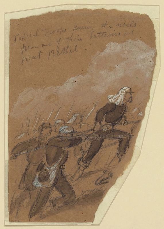 Federal troops driving the rebels from one of their batteries at Great Bethel image. Click for full size.
