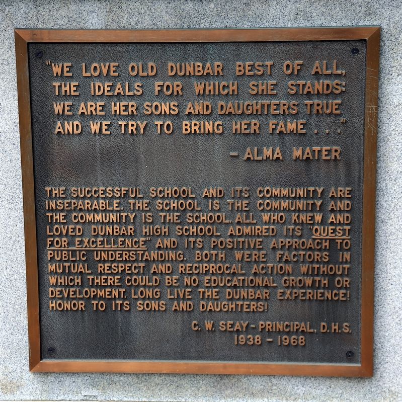 Dunbar High School Monument Plaque on Back. Click for full size. Dunbar High School Monument Plaque on Back image. Click for full size.