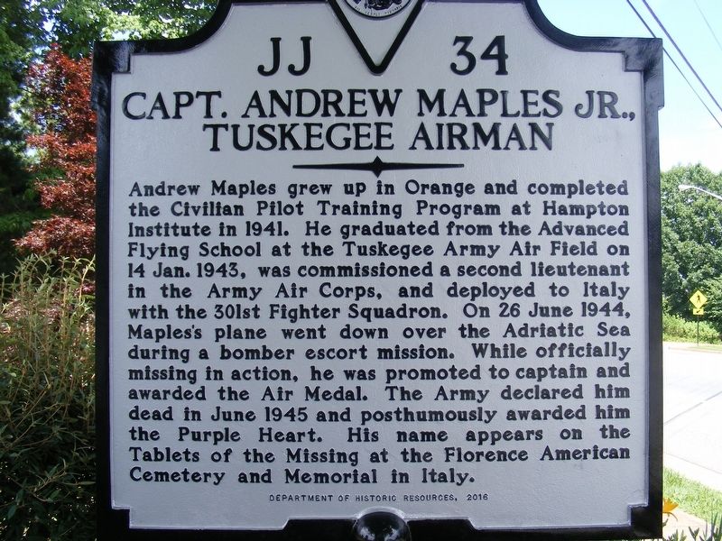 Capt. Andrew Maples Jr., Tuskegee Airman Marker image. Click for full size.