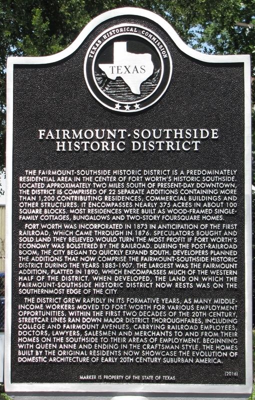 Fairmount-Southside Historic District Texas Historical Marker image. Click for full size.