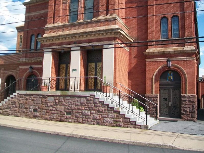 Agnes Flood Line Marker on All Saints Catholic Church. Click for full size. Agnes Flood Line Marker on All Saints Catholic Church image. Click for full size.