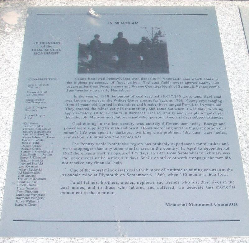 Coal Miners Memorial Dedication Marker. Click for full size. Coal Miners Memorial Dedication Marker image. Click for full size.
