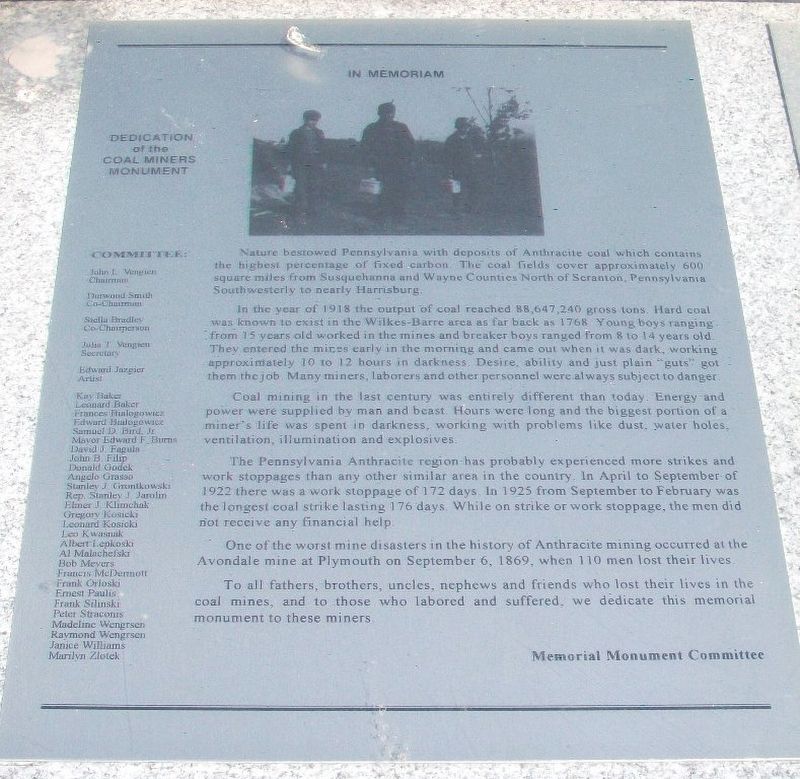 Coal Miners Memorial Dedication Marker image. Click for full size.