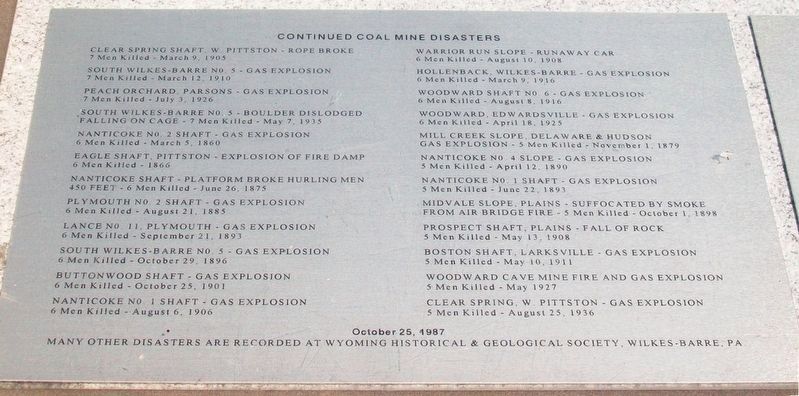 Coal Miners Memorial Mine Disasters. Click for full size. Coal Miners Memorial Mine Disasters image. Click for full size.