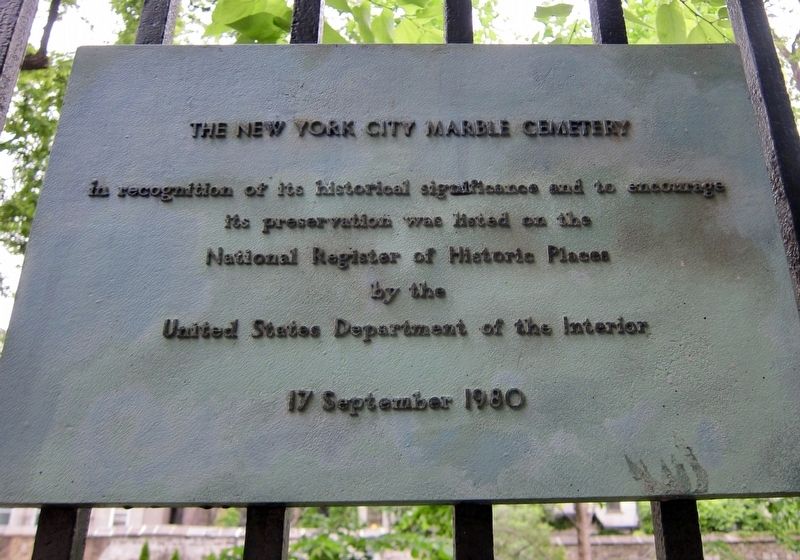 New York City Marble Cemetery - National Register of Historic Places Plaque. Click for full size. New York City Marble Cemetery - National Register of Historic Places Plaque image. Click for full size.