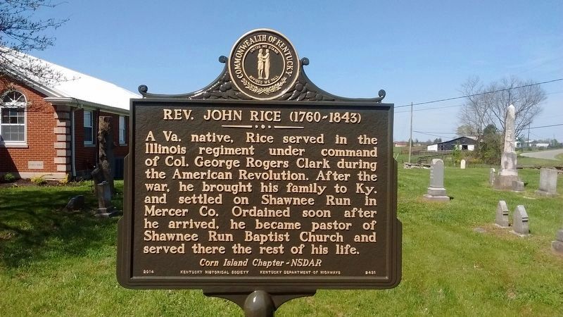 Rev. John Rice Marker (Side 1) image. Click for full size.