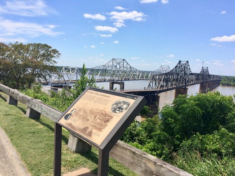 Marker with the Old Vicksburg Bridge (right) and the I-20 bridge over the Mississippi bridge. image. Click for full size.