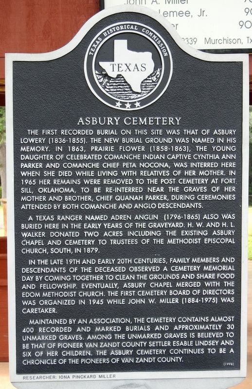 Asbury Cemetery Texas Historical Marker. Click for full size. Asbury Cemetery Texas Historical Marker image. Click for full size.