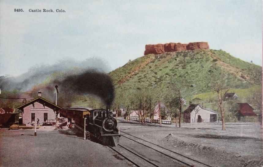 Denver & Rio Grande Railroad Depot Prior to its Relocation, with Castle Rock image. Click for full size.