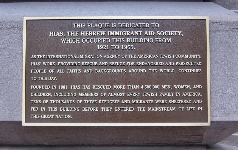 Hebrew Immigrant Aid Society Marker. Click for full size. Hebrew Immigrant Aid Society Marker image. Click for full size.