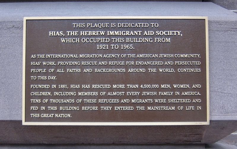 Hebrew Immigrant Aid Society Marker image. Click for full size.