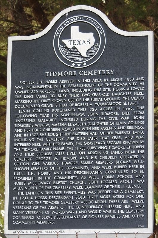Tidmore Cemetery Texas Historical Marker image. Click for full size.