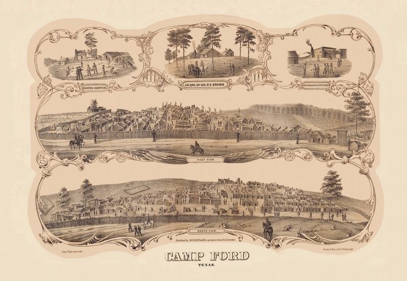 Wood cut engraving of the Camp Ford Prison Camp. image. Click for full size.
