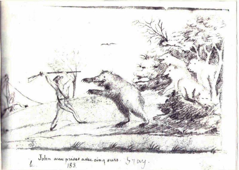 Father Point's 1841 on-scene sketch of John Gray's historic battle with the five grizzly bears. Click for full size. Father Point's 1841 on-scene sketch of John Gray's historic battle with the five grizzly bears image. Click for full size.