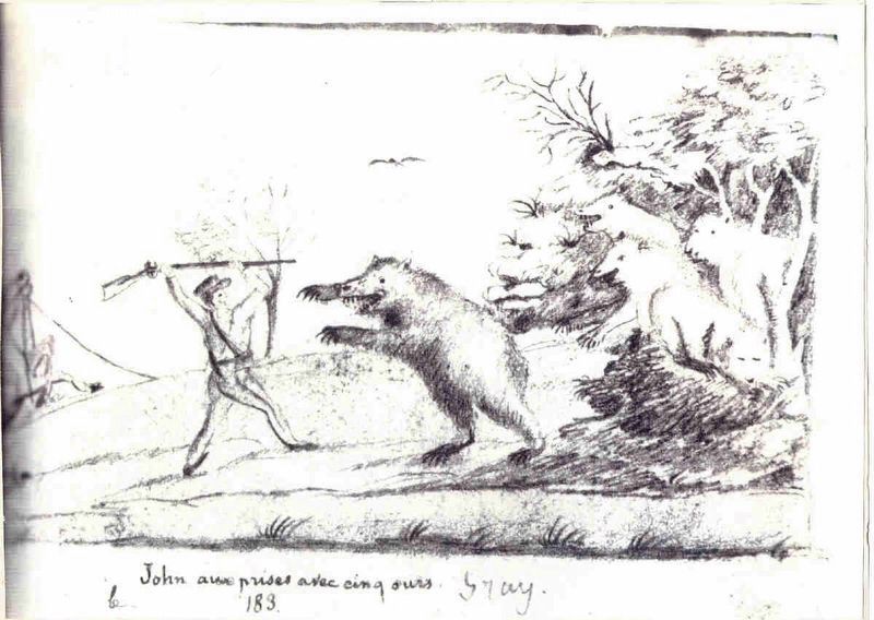 Father Point's 1841 on-scene sketch of John Gray's historic battle with the five grizzly bears image. Click for full size.