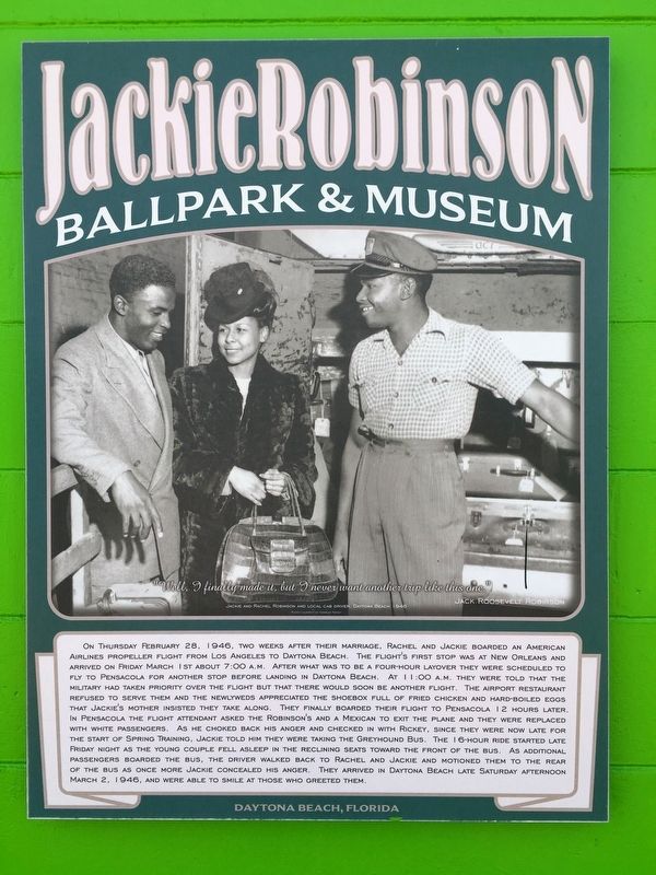 Jackie And Rachel Robinson Arrive In Daytona Beach Marker. Click for full size. Jackie And Rachel Robinson Arrive In Daytona Beach Marker image. Click for full size.