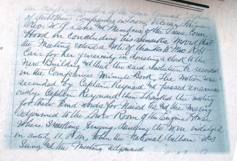 1911 Milton Fire Engine Company Minute Book Excerpt on Milton Clock Marker. Click for full size. 1911 Milton Fire Engine Company Minute Book Excerpt on Milton Clock Marker image. Click for full size.
