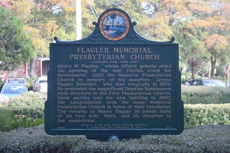 Flagler Memorial Presbyterian Church Marker reverse, newly repainted.. Click for full size. Flagler Memorial Presbyterian Church Marker reverse, newly repainted. image. Click for full size.