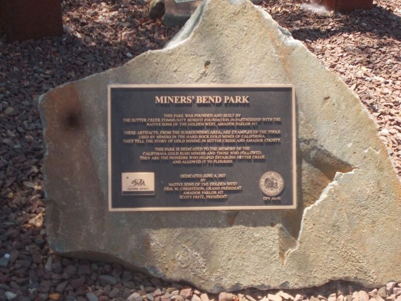 Miners' Bend Park Dedication Plaque - Native Sons of the Golden West, Amador Parlor #17. Click for full size. Miners' Bend Park Dedication Plaque - Native Sons of the Golden West, Amador Parlor #17 image. Click for full size.