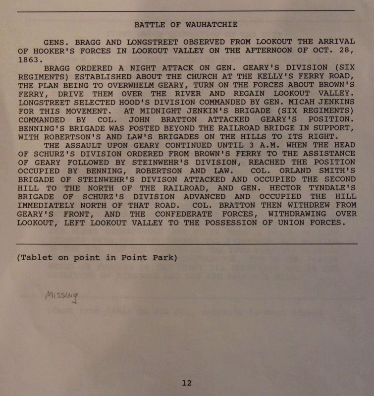 The Text from the Battle of Wauhatchie Marker. Click for full size. The Text from the Battle of Wauhatchie Marker image. Click for full size.