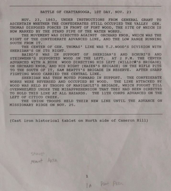 The Text from the Battle of Chattanooga, 1st Day, Nov. 23 Marker. Click for full size. The Text from the Battle of Chattanooga, 1st Day, Nov. 23 Marker image. Click for full size.