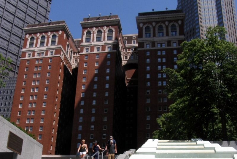 Mellon Square, with the marker on the right and the William Penn Hotel in the background.. Click for full size. Mellon Square, with the marker on the right and the William Penn Hotel in the background. image. Click for full size.