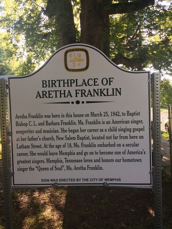 Birthplace of Aretha Franklin Marker. Click for full size. Birthplace of Aretha Franklin Marker image. Click for full size.