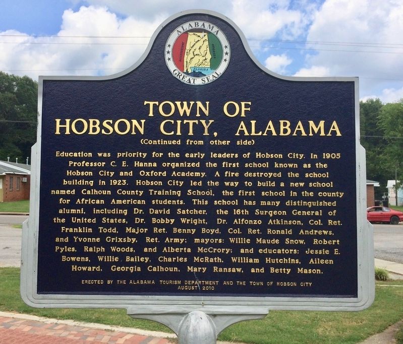 Town of Hobson City, Alabama Marker (rear) image. Click for full size.