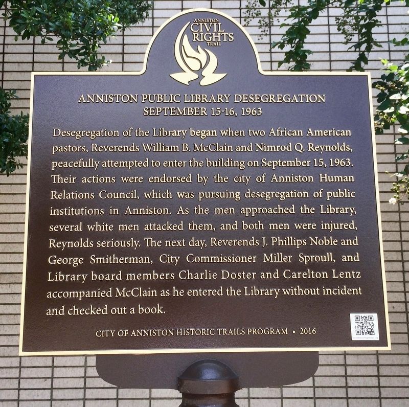Anniston Public Library Desegregation Marker. Click for full size. Anniston Public Library Desegregation Marker image. Click for full size.
