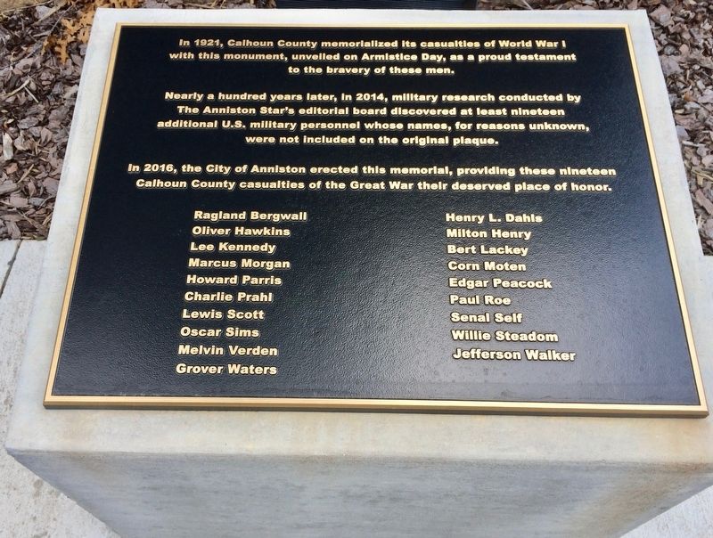 Lower plaque added in 2016 adding 19 names left off the 1921 plaque. image. Click for full size.