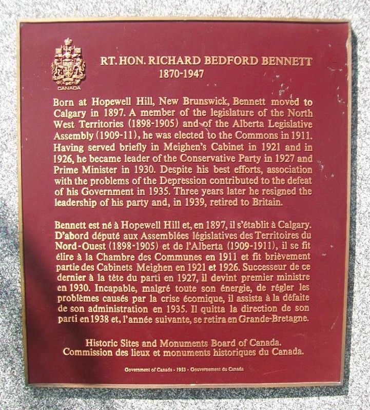 Rt. Hon. Richard Bedford Bennett Marker image. Click for full size.