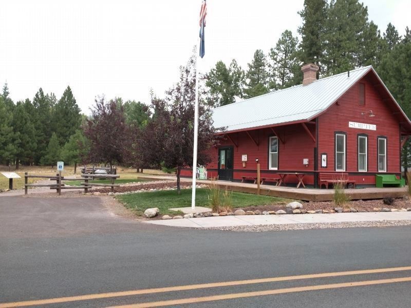 A Golden History Marker, Entrance to the Park and the Historic Sumpter Valley Railroad Depot image. Click for full size.