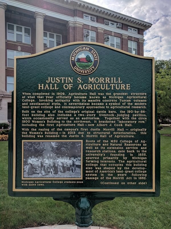 Justin S. Morrill Hall of Agriculture Marker - Side 1 image. Click for full size.