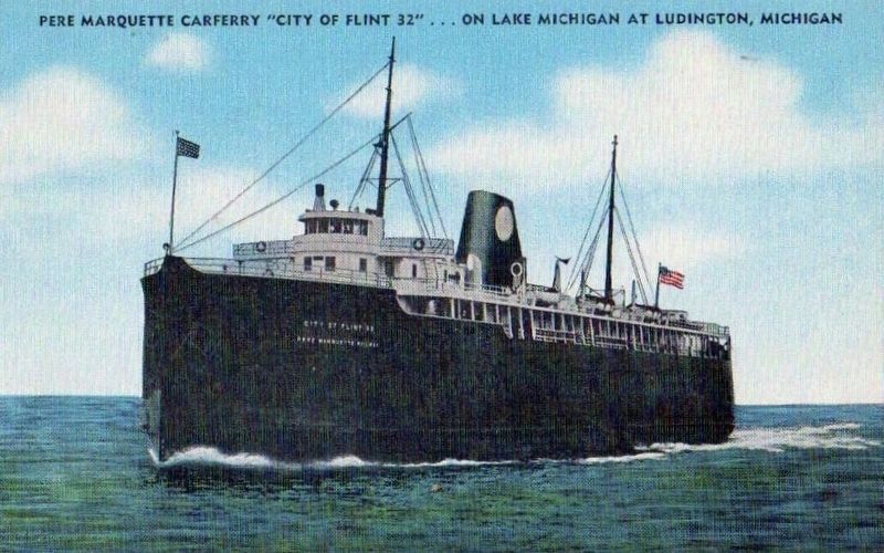 <i>Pere Marquette Carferry "City of Flint 32" on Lake Michigan at Ludington, Michigan</i> image. Click for full size.