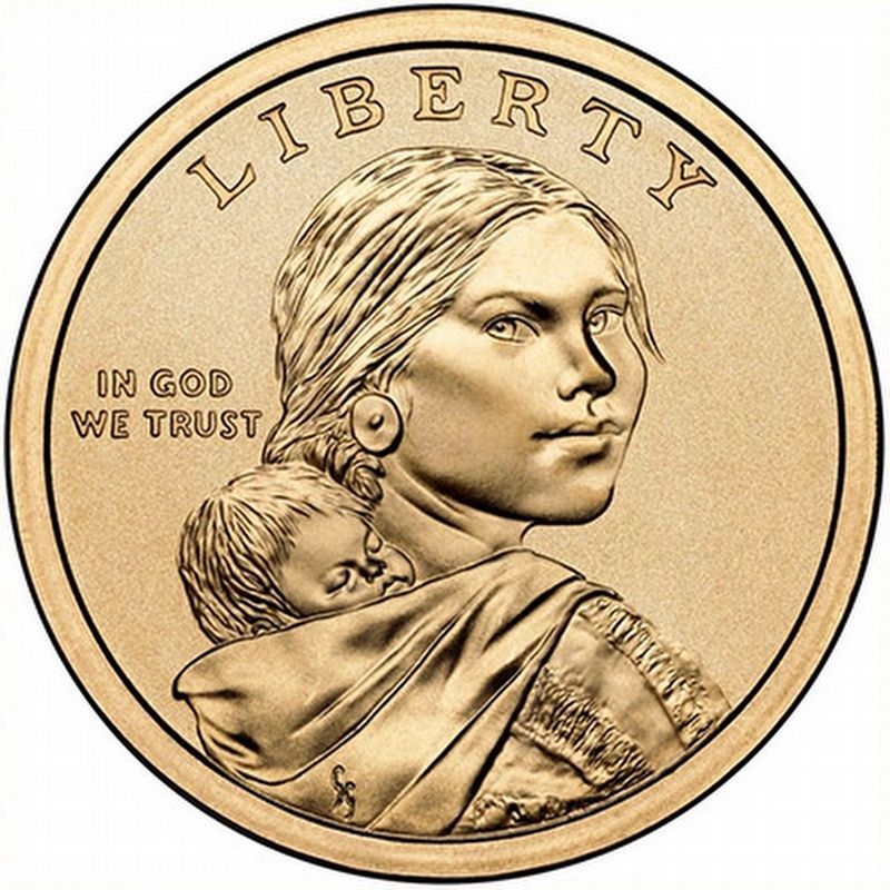 Jean Baptiste and his mother, Sacajawea, on the $1 U.S. Coin image. Click for full size.