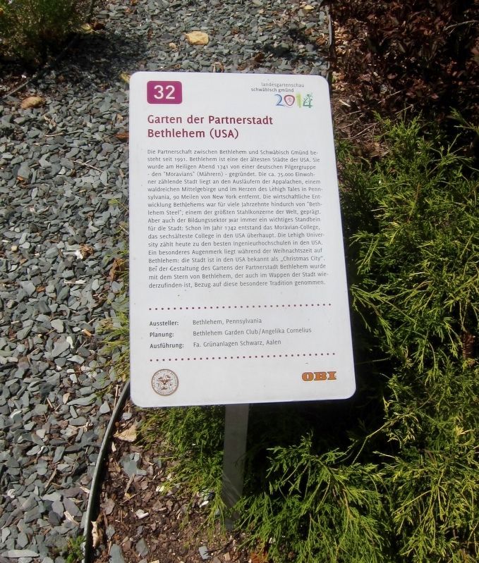 Garten der Partnerstadt Bethlehem (USA) / Garden of the Sister City of Bethlehem (USA) Marker. Click for full size. Garten der Partnerstadt Bethlehem (USA) / Garden of the Sister City of Bethlehem (USA) Marker image. Click for full size.