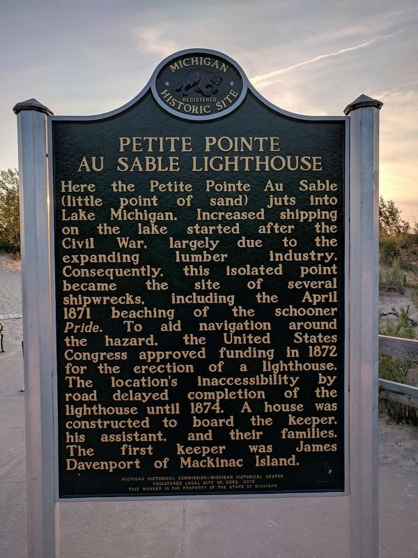Petite Pointe Au Sable Lighthouse Marker - Side 1 image. Click for full size.