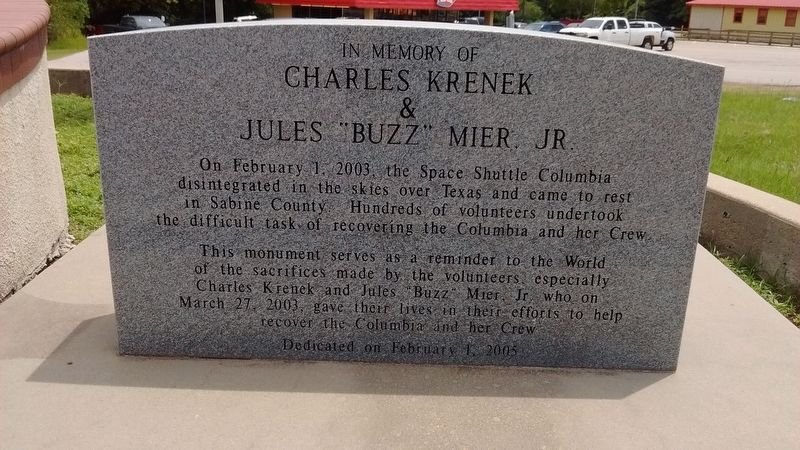 In Memory of Charles Krenek & Jules “Buzz” Mier, Jr. Marker. Click for full size. In Memory of Charles Krenek & Jules “Buzz” Mier, Jr. Marker image. Click for full size.