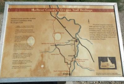 Malheur County's Oregon Trail Heritage Marker. Click for full size. Malheur County's Oregon Trail Heritage Marker image. Click for full size.