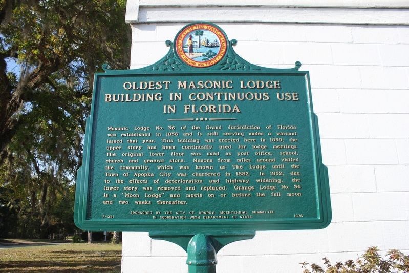 Oldest Masonic Lodge Building in Continuous Use in Florida Marker image. Click for full size.