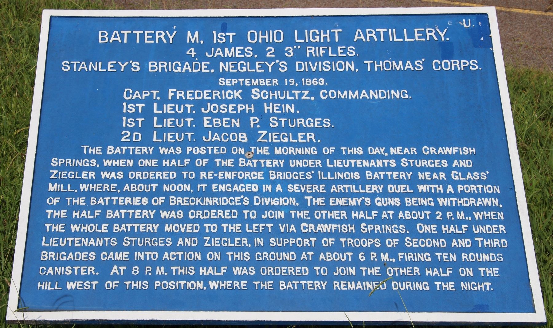 Battery M, 1st Ohio Light Artillery Marker. Click for full size. Battery M, 1st Ohio Light Artillery Marker image. Click for full size.
