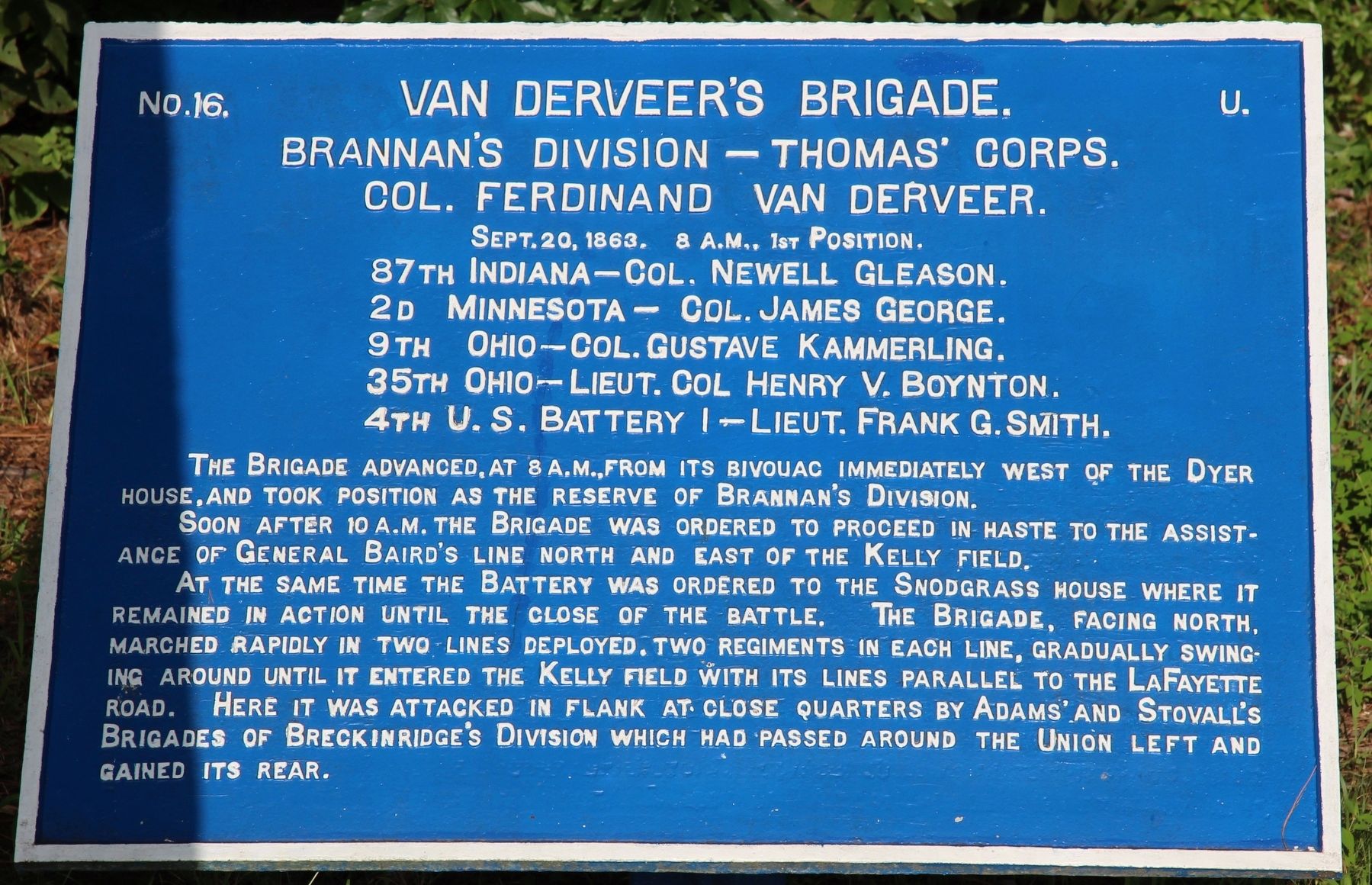 Van Derveer's Brigade Marker image. Click for full size.